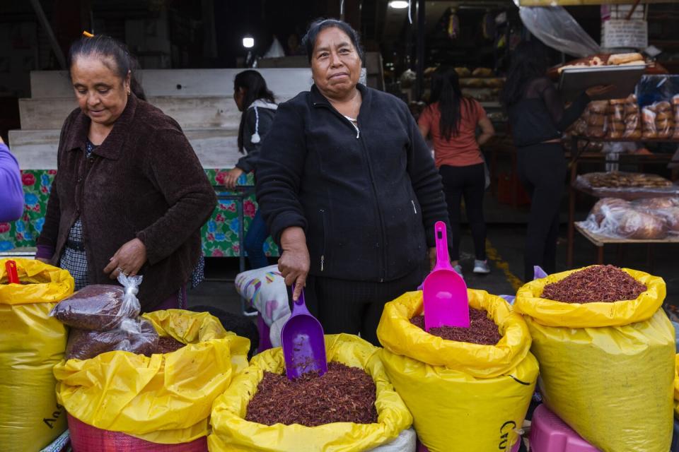 Women stand behind bags of grasshoppers, with colorful scoops sticking out