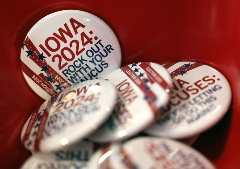 Caucus-themed merchandise is seen on display at Raygun on January 11, 2024 in Des Moines, Iowa. Iowa voters are preparing for the Republican Party of Iowa's presidential caucuses on January 15th. / Credit: Kevin Dietsch / Getty Images