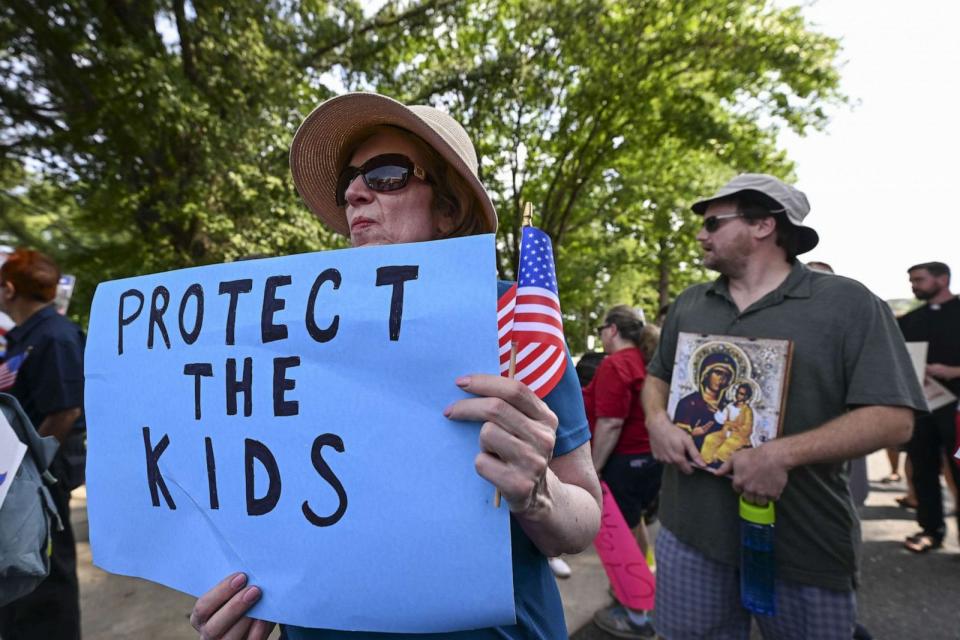 PHOTO: FILE - A group of Montgomery County parents gather outside MCPS Board of Education to protest a policy that doesn't allow students to opt-out of lessons on gender and LGBTQ+ issues during the school board meeting in Maryland, July 20, 2023. (Anadolu Agency via Getty Images, FILE)