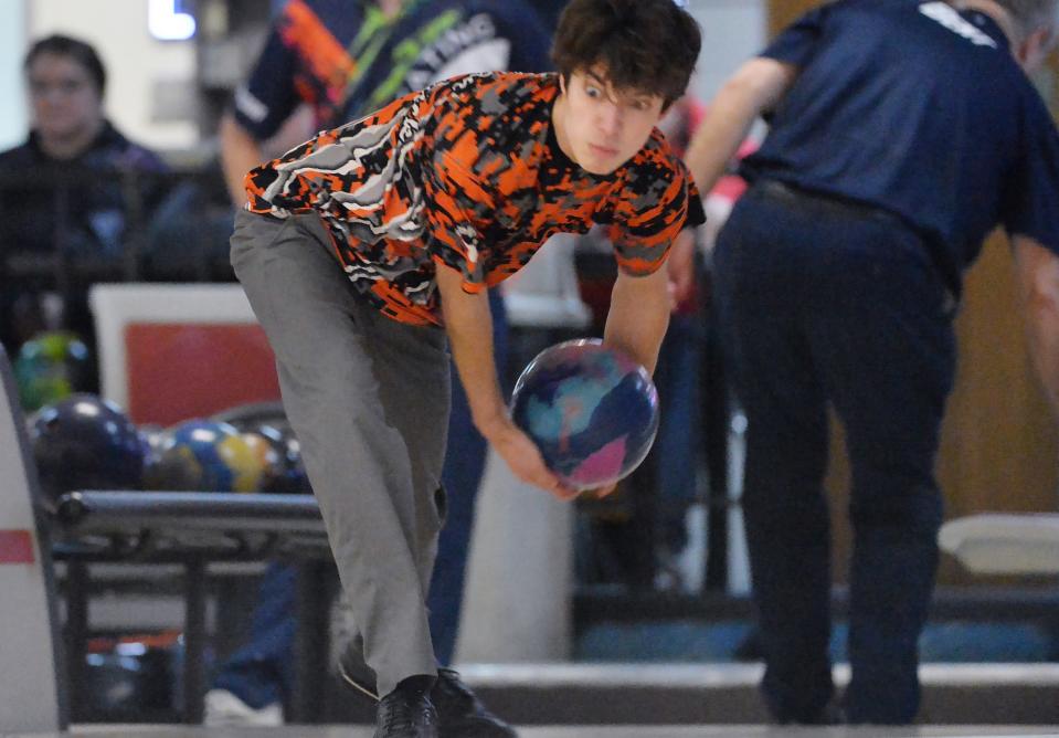 Killian Kilpatrick warms up before the 61st annual Times-News Open bowling tournament final round at Eastland Bowl in Erie on Saturday. Kilpatrick won with an average of 234.8 in the finals.