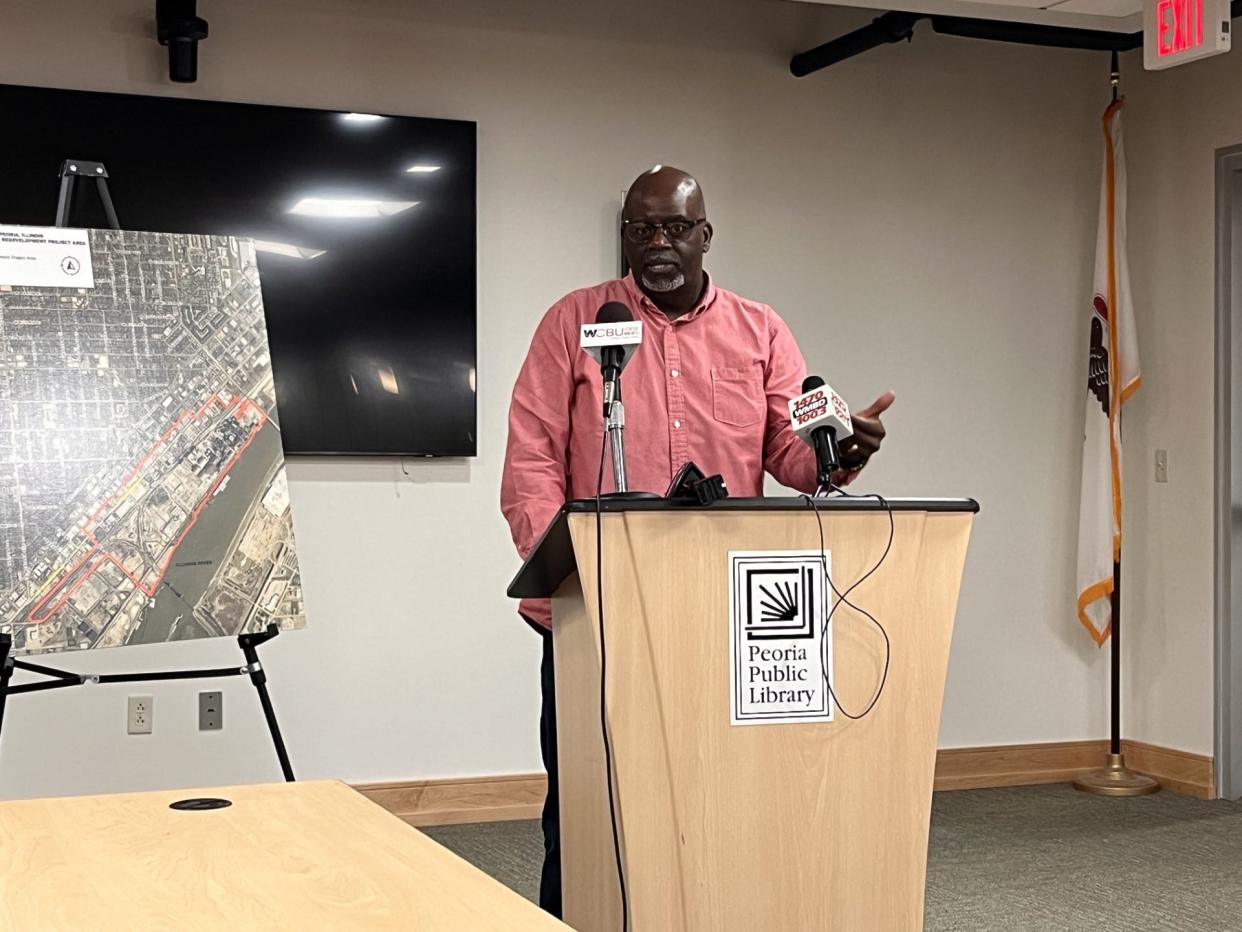 Peoria NAACP President Marvin Hightower speaks at the Peoria Public Library about Peoria's proposed Distillery TIF in south Peoria. Hightower and others want the TIF to exclude money for CO2 pipelines and polluters.