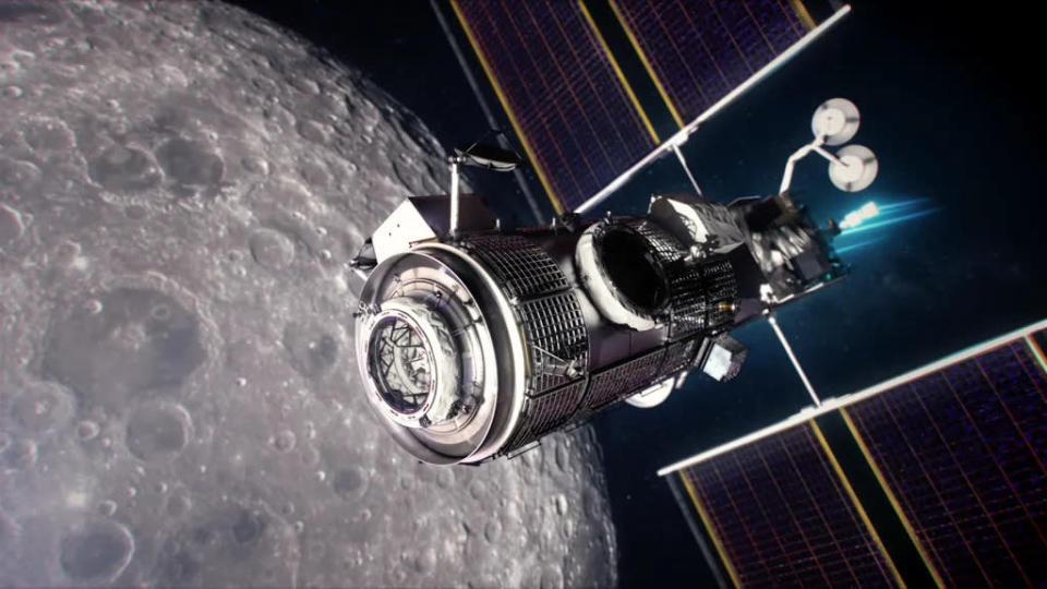 A estação Gateway ficará na órbita lunar para apoiar missões à Lua e Marte (Imagem: Reprodução/NASA)