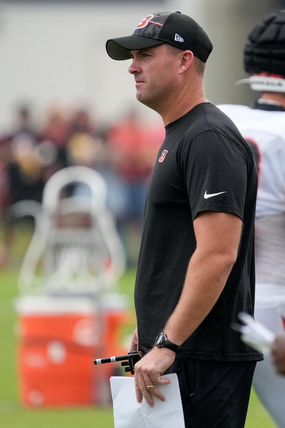 Cincinnati Bengals head coach Zac Taylor watches a play during a preseason training camp practice at the Paycor Stadium training facility in downtown Cincinnati on Wednesday, Aug. 16, 2023.