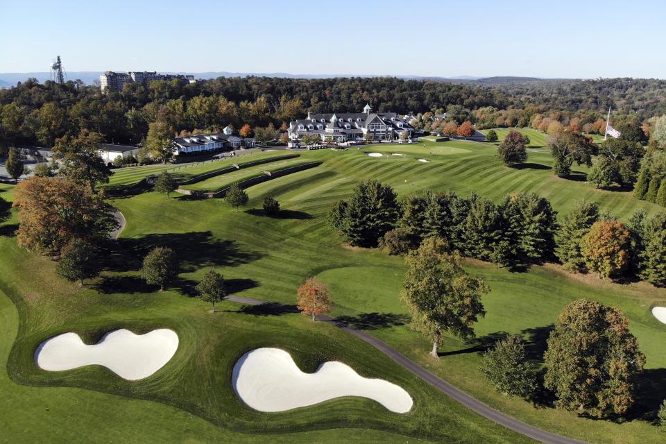 FILE - This aerial image taken with a drone, shows Trump National Golf Club, in Briarcliff Manor, NY., on Oct. 20, 2021. New York's attorney general sued former President Donald Trump and his company, on Wednesday, Sept. 21, 2022, alleging business fraud involving some of their most prized assets, including properties in Manhattan, Chicago and Washington, D.C.(AP Photo/Seth Wenig, File)