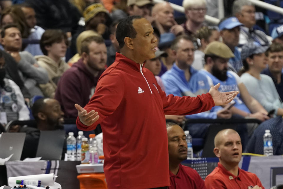 North Carolina State head coach Kevin Keatts reacts to a call during the first half of an NCAA college basketball game against Virginia Tech at the Atlantic Coast Conference Tournament in Greensboro, N.C., Wednesday, March 8, 2023. (AP Photo/Chuck Burton)