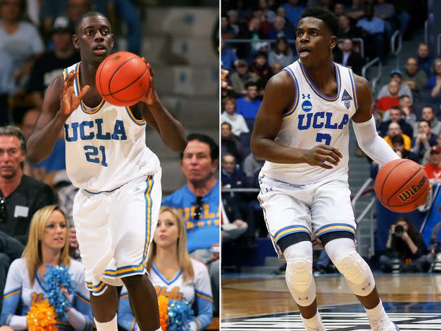 Victor Decolongon/Getty ; Kirk Irwin/Getty Jrue Holiday #21 of the UCLA Bruins and Aaron Holiday #3 of the UCLA Bruins in the middle of basketball games.