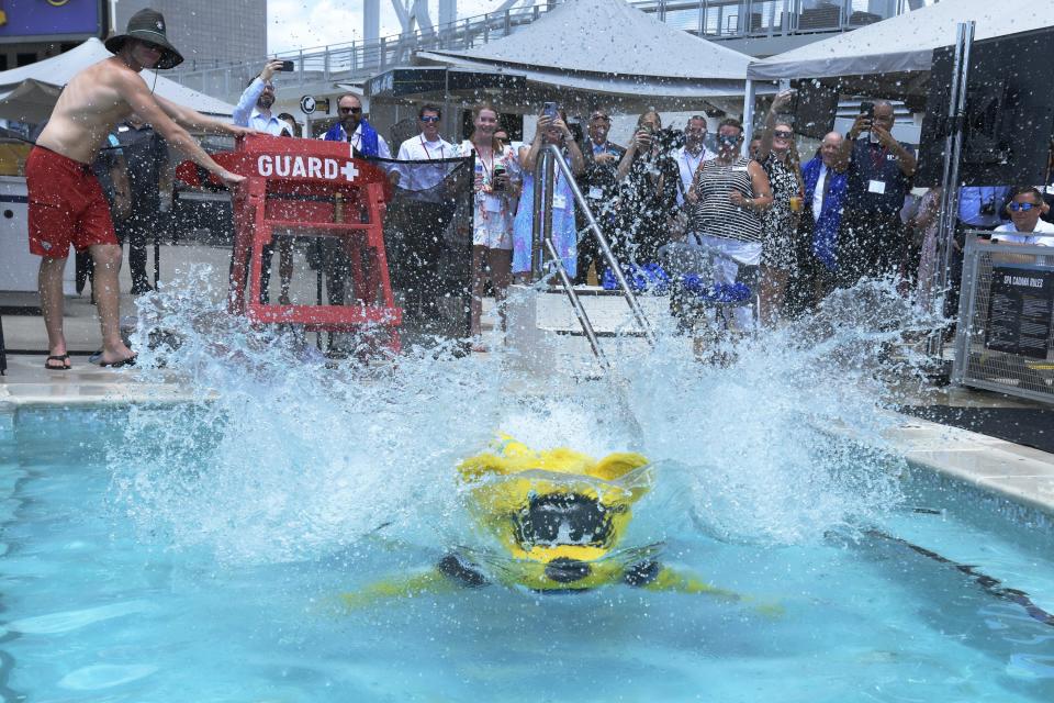 Jaxson de Ville provided the grand finale jump of Tuesday's CEO Soak to raise funds to help in the fight against ALS.
