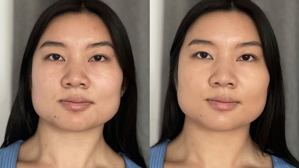 Left: No makeup. Right: After applying the Colorescience Sunforgettable Total Protection Face Shield Flex SPF 50. - Sophie Shaw/CNN Underscored