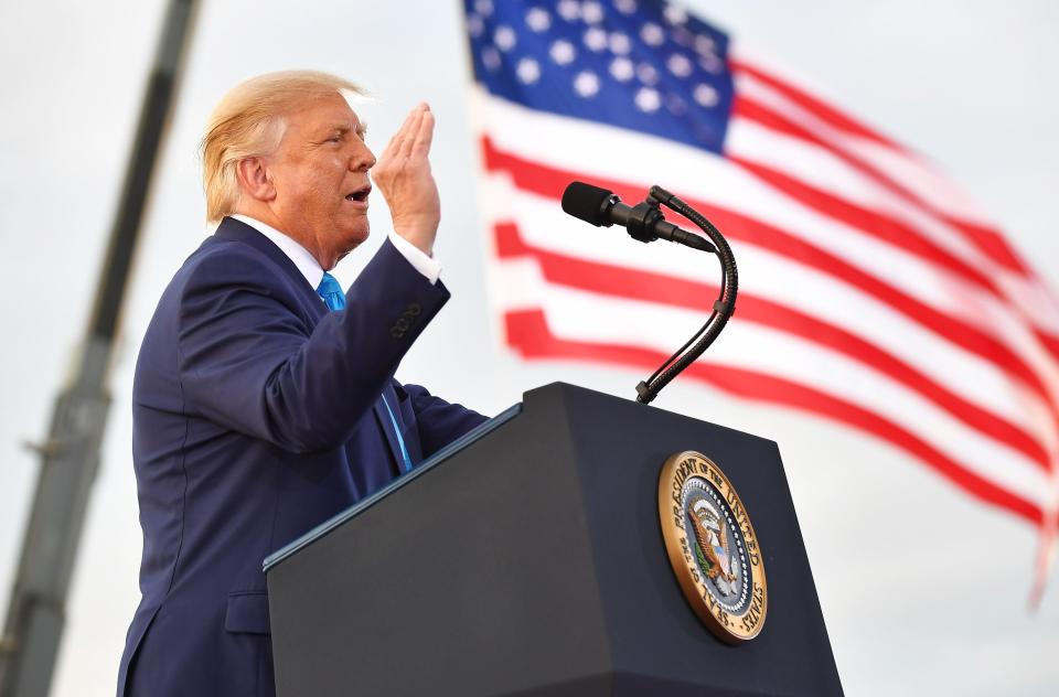 US President Donald Trump addresses supporters during a campaign event at Arnold Palmer Regional Airport in Latrobe, Pennsylvania on September 3, 2020. (Photo by MANDEL NGAN / AFP) (Photo by MANDEL NGAN/AFP via Getty Images)
