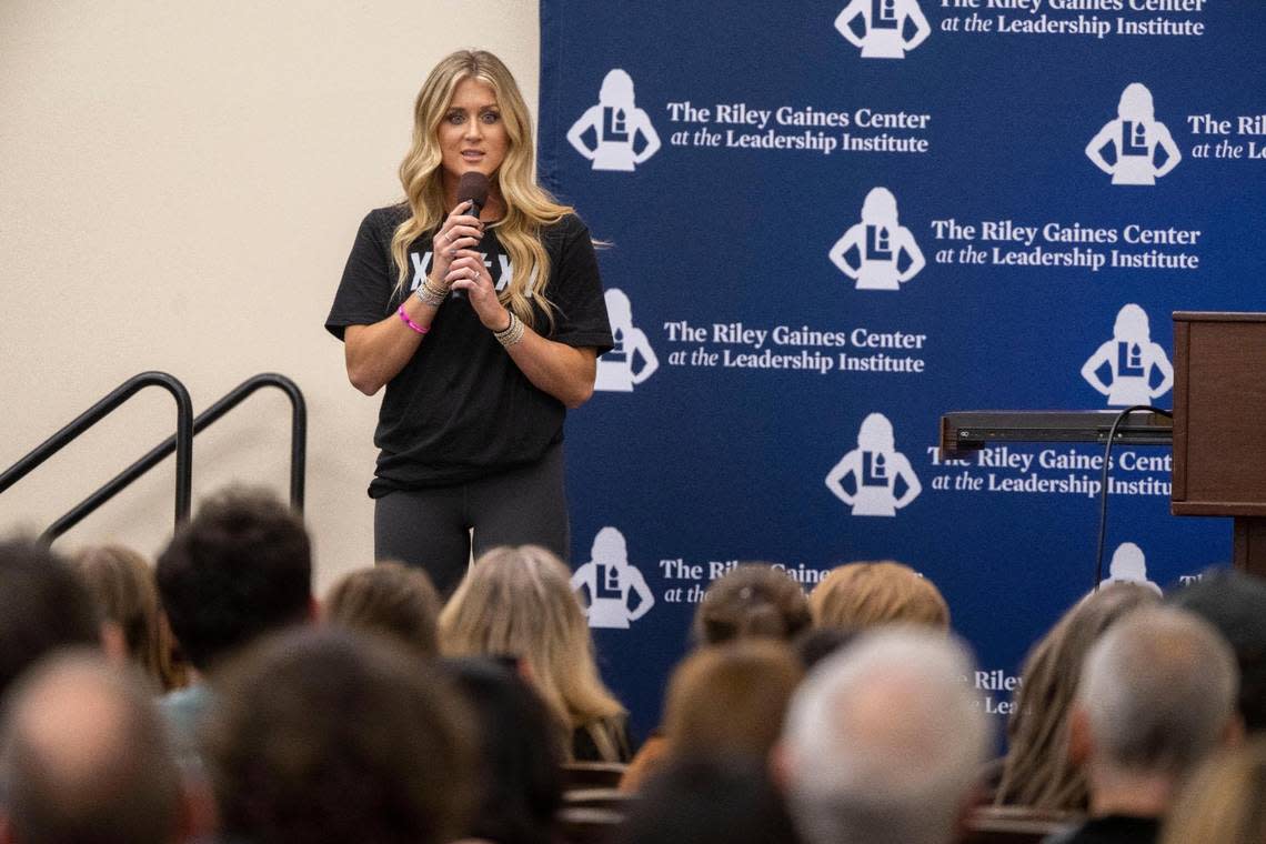 Riley Gaines, a former collegiate swimmer for the University of Kentucky and director of The Riley Gaines Center at the Leadership Institute, who has been a vocal critic of transgender female athletes in women’s sports, speaks at UC Davis on Friday during her Speak Louder Campus Tour. Lezlie Sterling/lsterling@sacbee.com