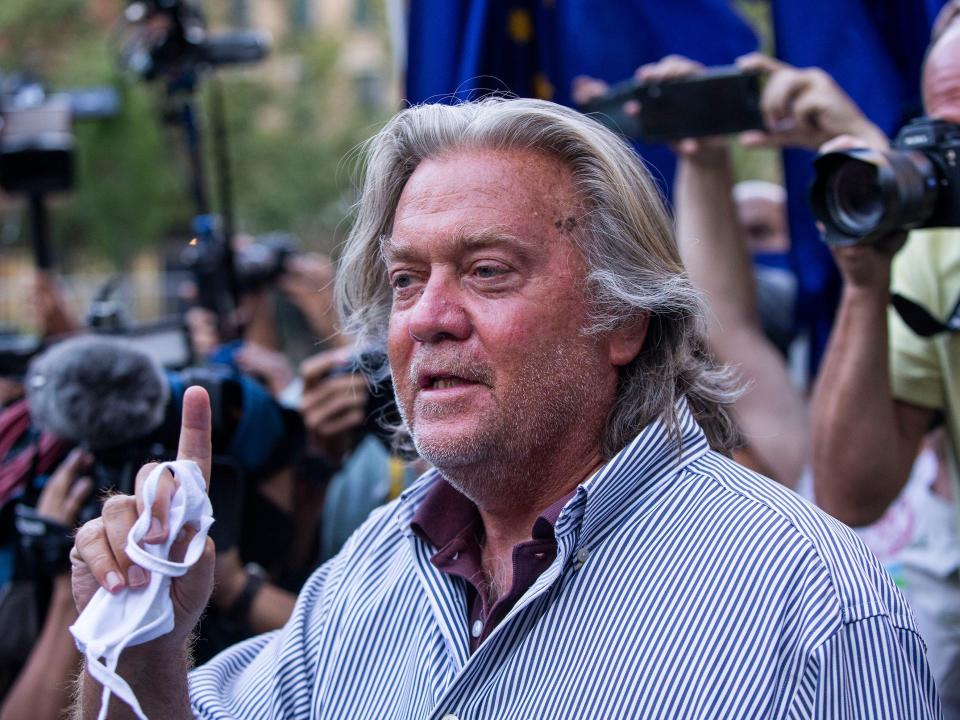 President Donald Trump's former chief strategist Steve Bannon speaks with reporters after pleading not guilty to charges that he ripped off donors to an online fundraising scheme to build a southern border wall, Thursday, Aug. 20, 2020, in New York.