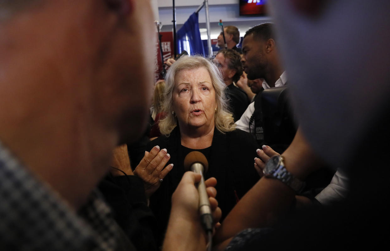 Juanita Broaddrick speaks after a town hall debate between presidential candidates Donald Trump and Hillary Clinton on Oct. 9, 2016, in St. Louis. Trump's campaign invited women who had accused Clinton's husband of sexual misconduct to attend the event. (Photo: Shannon Stapleton / Reuters)