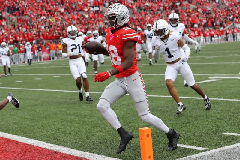 Star wide receiver Marvin Harrison Jr. and the Ohio State Buckeyes remained the top team in the College Football Playoff rankings. File Photo by Aaron Josefczyk/UPI