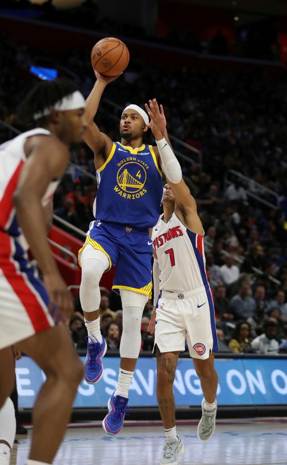 Warriors guard Moses Moody scores against the Pistons on Nov. 6. The Warriors won.