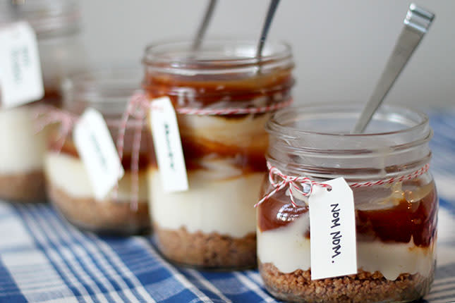 <div class="caption-credit"> Photo by: Brit + Co.</div><p> <a rel="nofollow noopener" href="http://www.brit.co/salted-caramel-cheesecake/" target="_blank" data-ylk="slk:Salted Caramel Cheesecake in a Jar" class="link ">Salted Caramel Cheesecake in a Jar</a>: When in doubt, you can always put it in a jar, right? But for real, this salted caramel layered cheesecake will be an instant hit at any Thanksgiving get-together. And since it travels well, it makes a great potluck contribution as well. </p>