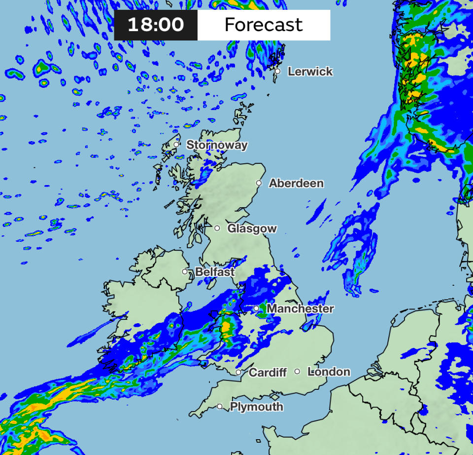 Rain is forecast across the UK at 18:00 on Wednesday.  (Met Office)