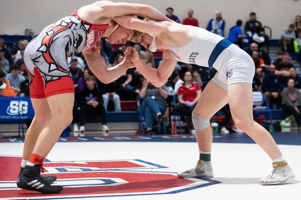 Dallastown's Isaiah Feeney (right) wrestles Wilson's Blaise Eidle in the 172-pound championship bout at the PIAA District 3 Class 3A Wrestling Championships at Spring Grove Area High School on Saturday, Feb. 24, 2024, in Jackson Township.