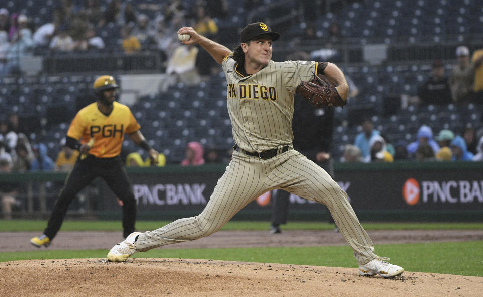 San Diego Padres starting pitcher Reiss Knehr delivers during the first inning of the team's baseball game against the Pittsburgh Pirates, Tuesday, June 27, 2023, in Pittsburgh. (AP Photo/Justin Berl)