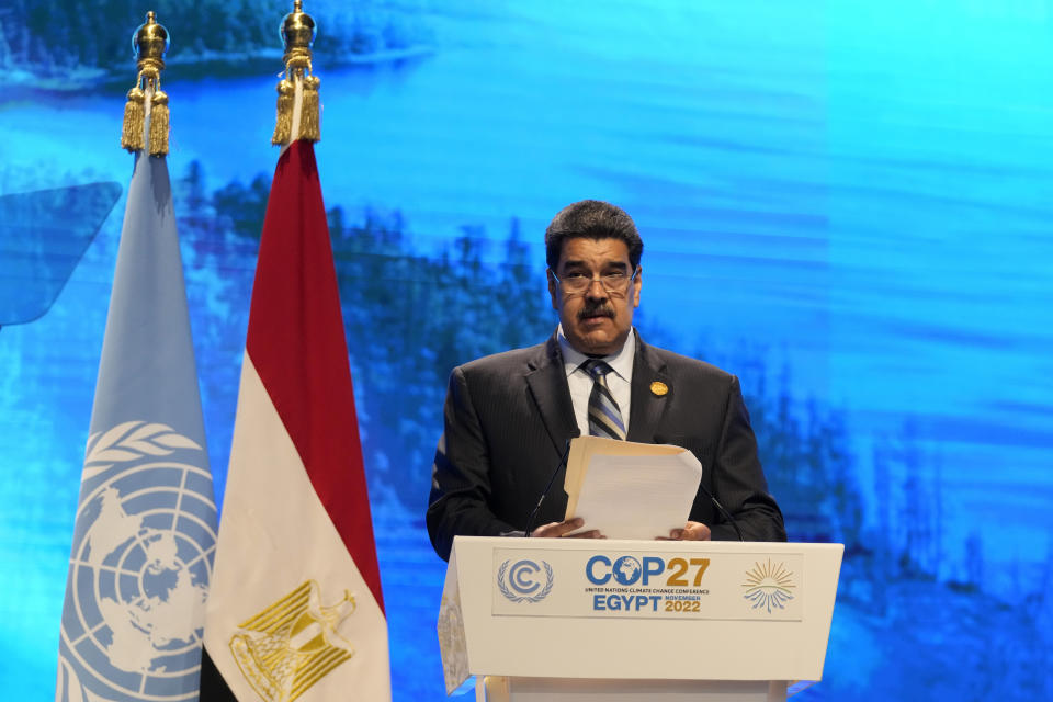 Nicolas Maduro, president of Venezuela, speaks at the COP27 U.N. Climate Summit, Tuesday, Nov. 8, 2022, in Sharm el-Sheikh, Egypt. (AP Photo/Peter Dejong)