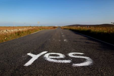 Graffiti supporting the "Yes" campaign is painted on a road in North Uist in the Outer Hebrides September 17, 2014. REUTERS/Cathal McNaughton