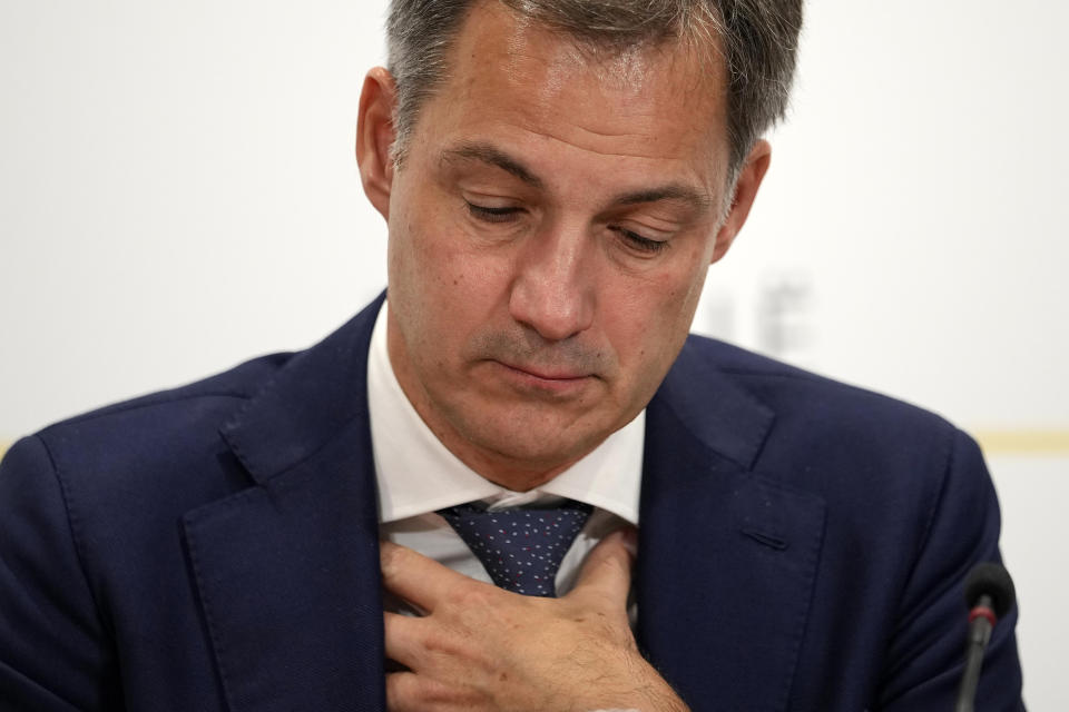 Belgian Prime Minister Alexander De Croo, pauses during a press conference in Brussels Tuesday, Oct. 17, 2023, about the shooting of two Swedish soccer fans on Monday. Police in Belgium have shot dead a suspected Tunisian extremist, on Tuesday, accused of killing two Swedish soccer fans in a brazen attack on a Brussels street before disappearing into the night on Monday. (AP Photo/Martin Meissner)