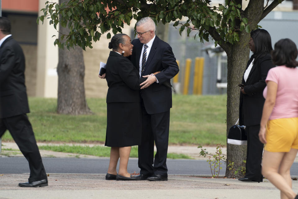 Former Governor Jim McGreevey, right, attends a memorial service for Lt. Gov. Sheila Oliver at Cathedral Basilica of the Sacred Heart in Newark on Saturday, Aug. 12, 2023. (Julian Leshay/NJ Advance Media via AP)