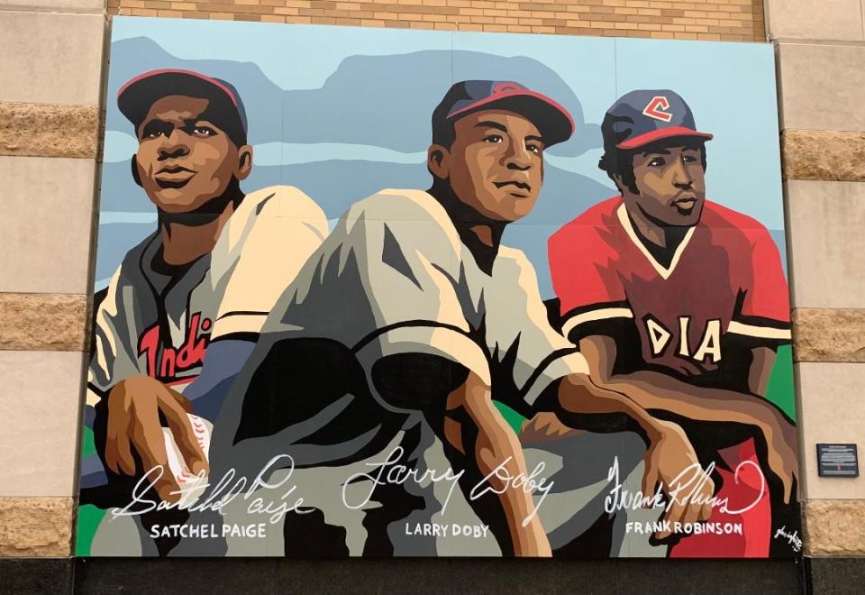 Cleveland Guardians 'barrier breakers' mural by Glen Infante outside of Progressive Field