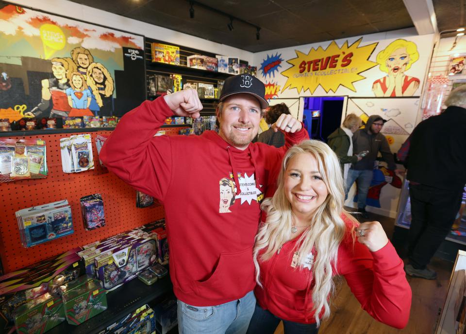 Steve and Heather Demita, the owners of Steve's Comics & Collectibles, 42 Central Square, Bridgewater, are in their store on Saturday, April 1, 2023.