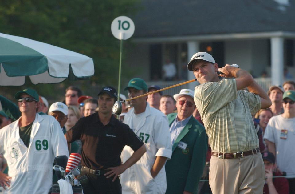 Len Mattiace of Jacksonville hits his tee shot at the 10th hole of the Augusta National Golf Club during a sudden death playoff with Mike Weir in the 2003 Masters Tournament.