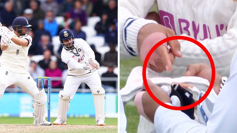 Dawid Malan (pictured left) hitting a shot and (pictured right) umpires inspecting Rishabh Pant's gloves with tape on them.