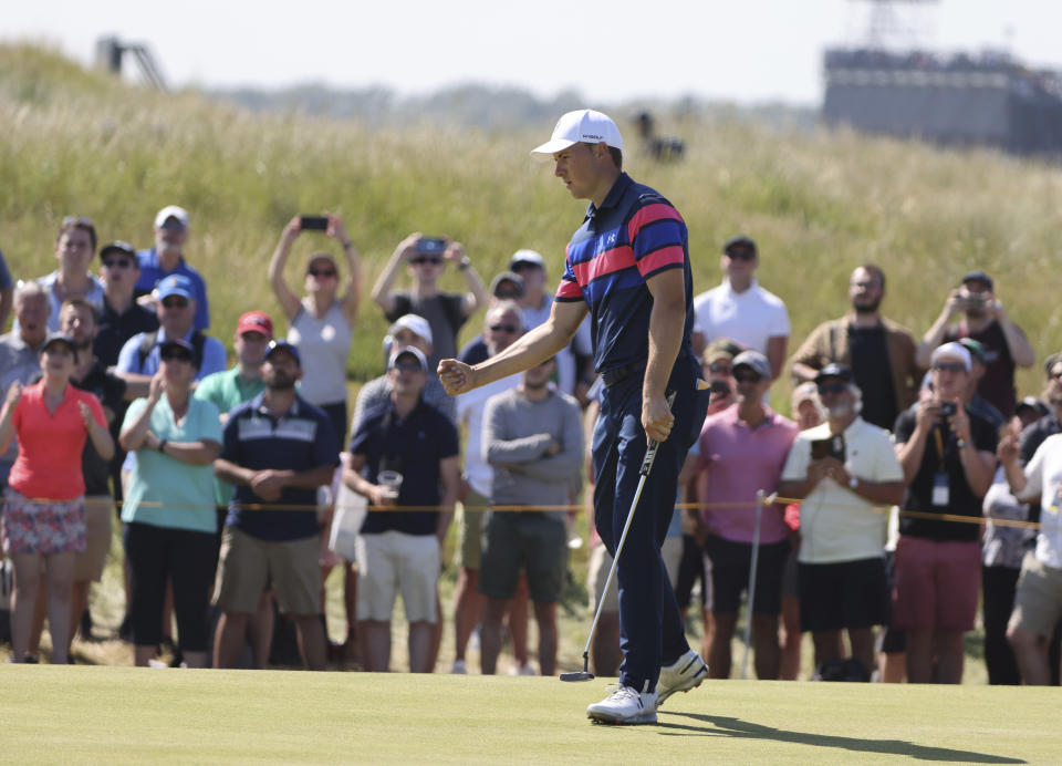 United States' Jordan Spieth celebrates an eagle on the 7th green during the final round of the British Open Golf Championship at Royal St George's golf course Sandwich, England, Sunday, July 18, 2021. (AP Photo/Ian Walton)