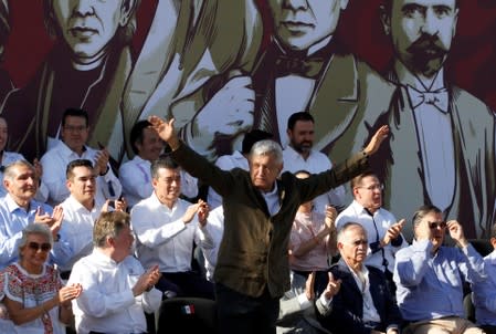 Mexico's President Andres Manuel Lopez Obrador takes part on a 'unity' rally to defend the dignity of Mexico and talks about the trade negotiations with the U.S in Tijuana