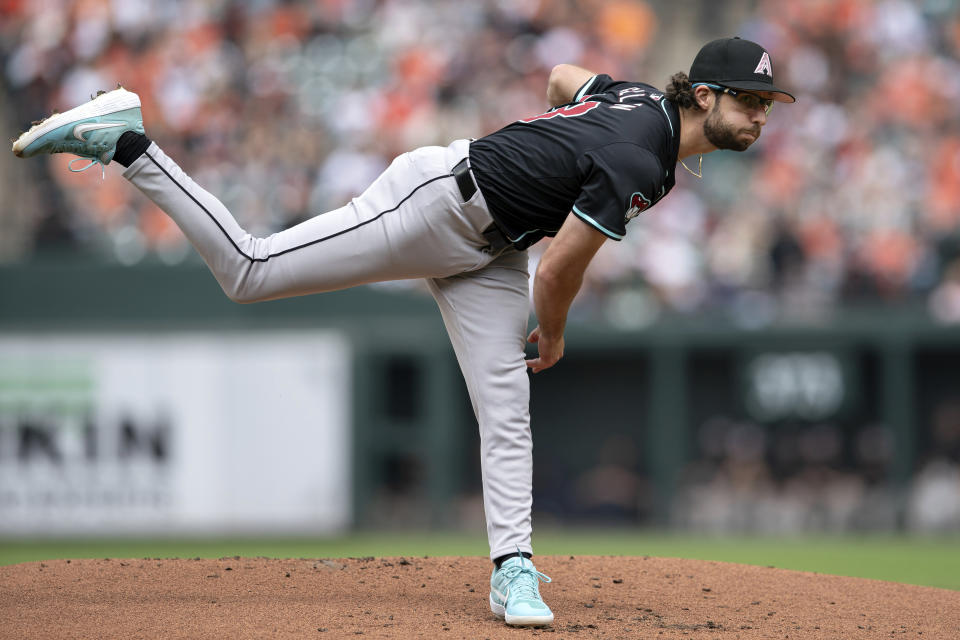 Arizona Diamondbacks starting pitcher Zac Gallen throws during the first inning of a baseball game against the Baltimore Orioles, Sunday, May 12, 2024, in Baltimore. (AP Photo/Jose Luis Magana)