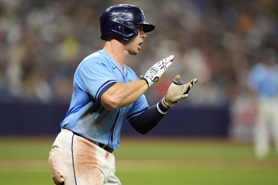 Tampa Bay Rays' Ben Rortvedt celebrates his RBI single off Detroit Tigers relief pitcher Will Vest during the sixth inning of a baseball game Wednesday, April 24, 2024, in St. Petersburg, Fla. (AP Photo/Chris O'Meara)