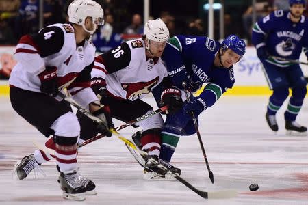 Jan 10, 2019; Vancouver, British Columbia, CAN; Arizona Coyotes forward Christian Fischer (36) defends against Vancouver Canucks forward Antoine Roussel (26) during the first period at Rogers Arena. Mandatory Credit: Anne-Marie Sorvin-USA TODAY Sports