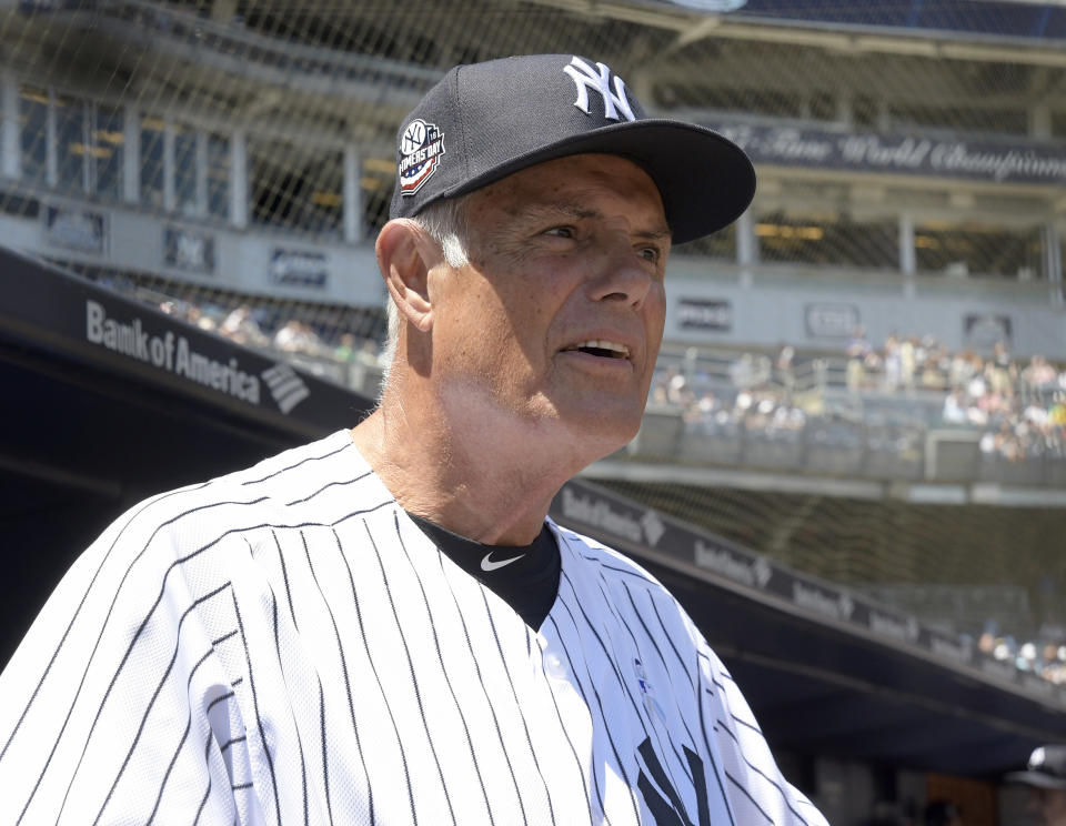 FILE - New York Yankees' Lou Piniella waits to be introduced at the Yankees Old Timers' Day baseball game June 17, 2018, at Yankee Stadium in New York. Sixteen members of the contemporary era Hall of Fame committee will consider an eight-man Hall ballot that includes managers Jim Leyland, Cito Gaston, Davey Johnson and Piniella. (AP Photo/Bill Kostroun, File)