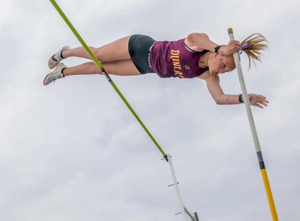 Dunlap's Chelsea Wetzel tries to set a state record in the pole vault after clearing a new area record height Thursday, May 11, 2023 at the Galesburg Sectional Track and Field Meet at Galesburg High School.