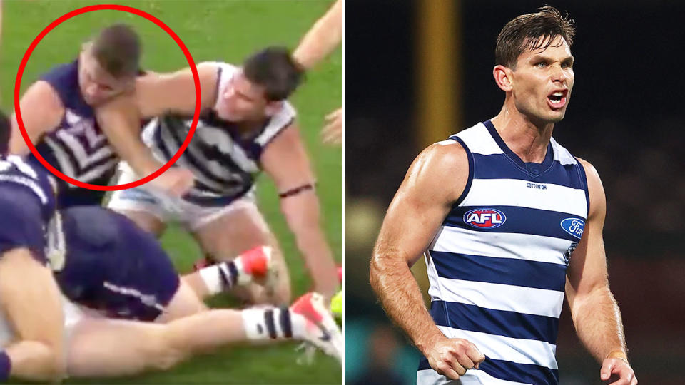 Pictured here, the incident against Fremantle that Tom Hawkins hit with a one-game ban.