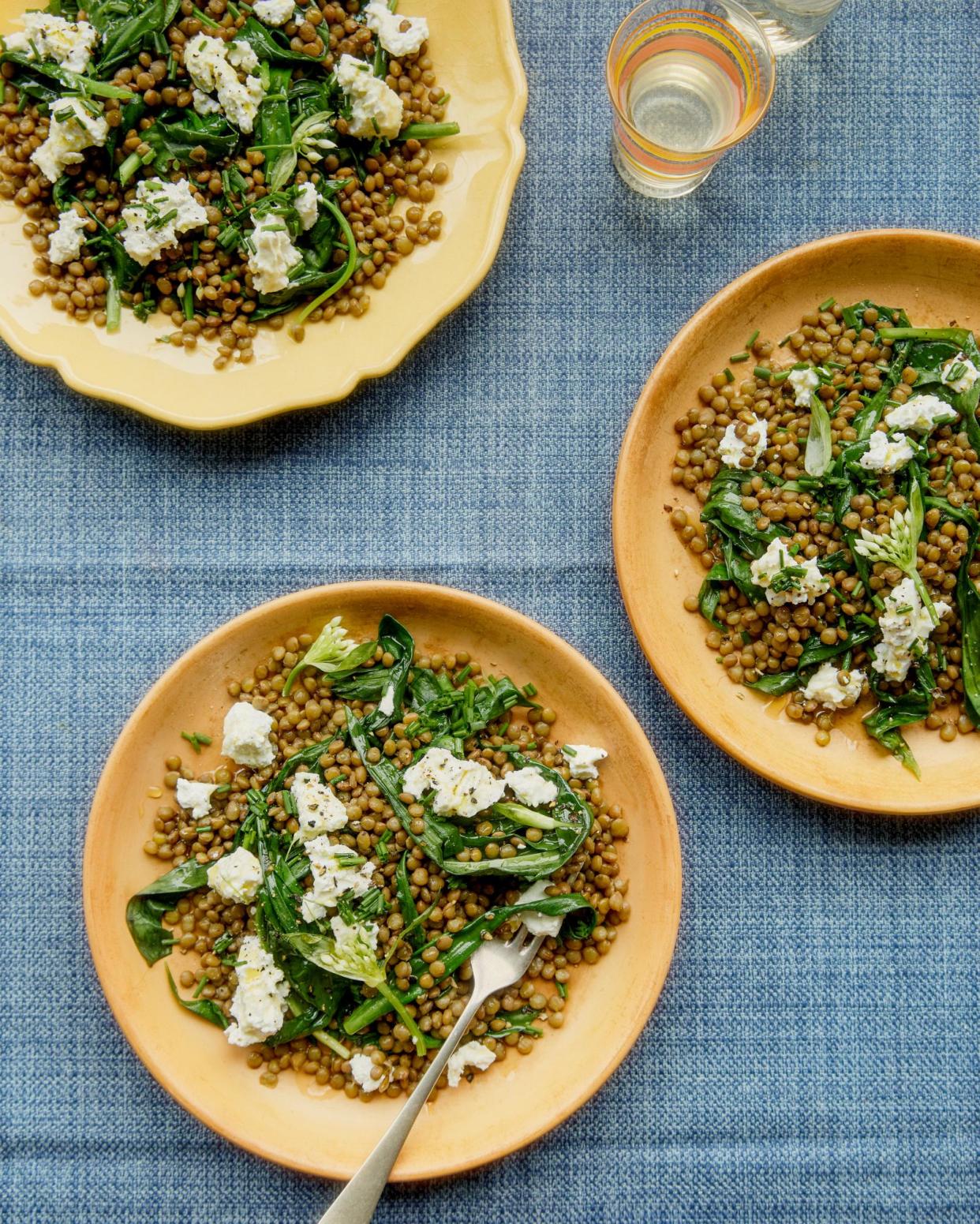 <span>Jose Pizarro’s lentils wIth wild garlic, goat’s cheese and honey.</span><span>Photograph: Kim Lightbody/The Guardian. Food styling: Hanna Miller. Prop styling: Louie Waller. Food styling assistant: Alice Earll.</span>