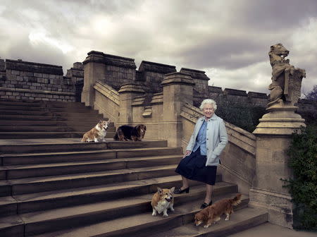 Britain's Queen Elizabeth II is seen walking in the private grounds of Windsor Castle on steps at the rear of the East Terrace and East Garden with four of her dogs: clockwise from top left Willow (corgi), Vulcan (dorgie), Candy (dorgie) and Holly (corgi), in this official photograph released by Buckingham Palace to mark her 90th birthday, April 20, 2016. Credit must read: c2016 Annie Leibovitz /Handout