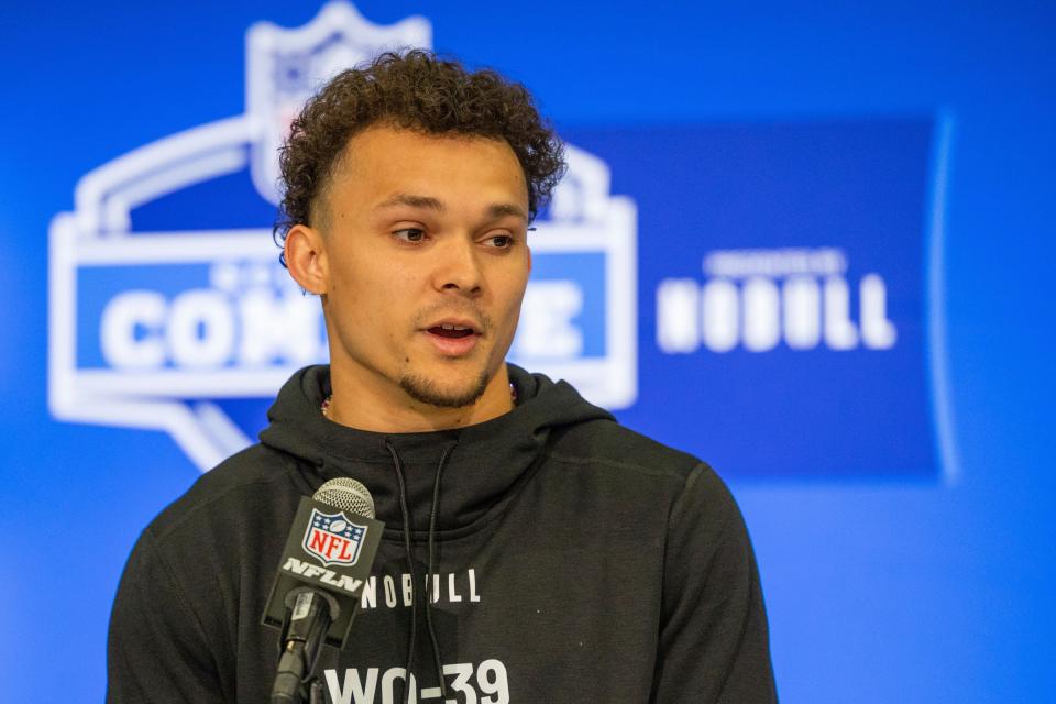 Mar 1, 2024; Indianapolis, IN, USA; Michigan wide receiver Roman Wilson (WO39) talks to the media during the 2024 NFL Combine at Lucas Oil Stadium. Mandatory Credit: Trevor Ruszkowski-USA TODAY Sports
