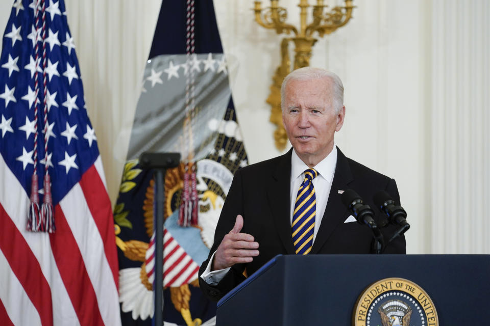 President Joe Biden speaks during the 2022 National and State Teachers of the Year event in the East Room of the White House in Washington, Wednesday, April 27, 2022. The Department of Homeland Security is stepping up an effort to counter disinformation coming from Russia as well as misleading information that human smugglers circulate to target migrants hoping to travel to the U.S.-Mexico border. (AP Photo/Susan Walsh)