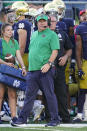 Notre Dame head coach Brian Kelly walks on the sideline during the second half of an NCAA college football game against Purdue in South Bend, Ind., Saturday, Sept. 18, 2021. Notre Dame defeated Purdue 27-13. (AP Photo/Michael Conroy)