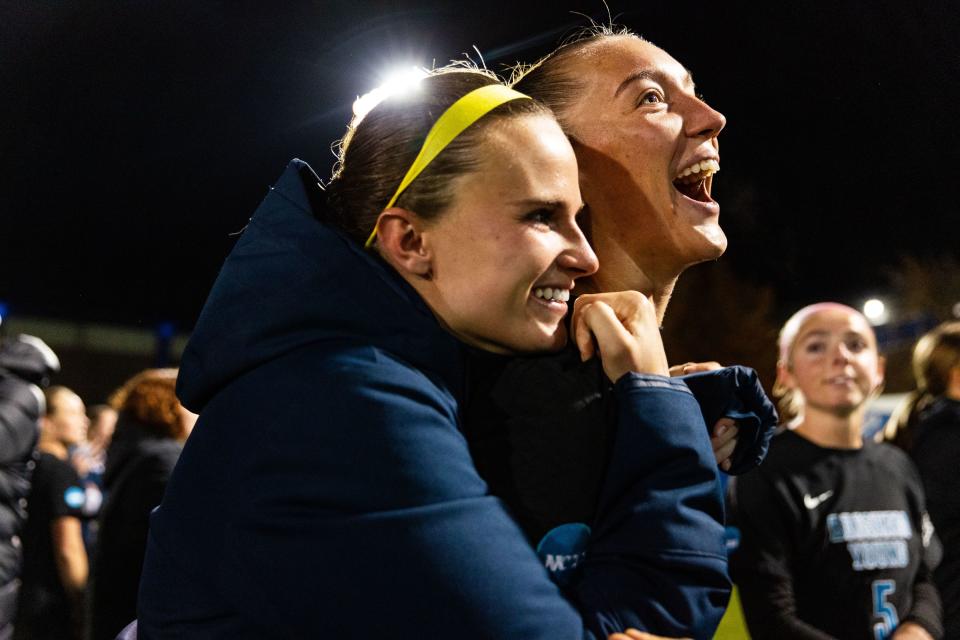 Brigham Young University players celebrate their 3-1 win against Michigan State during the Sweet 16 round of the NCAA College Women’s Soccer Tournament at South Field in Provo on Saturday, Nov. 18, 2023. | Megan Nielsen, Deseret News