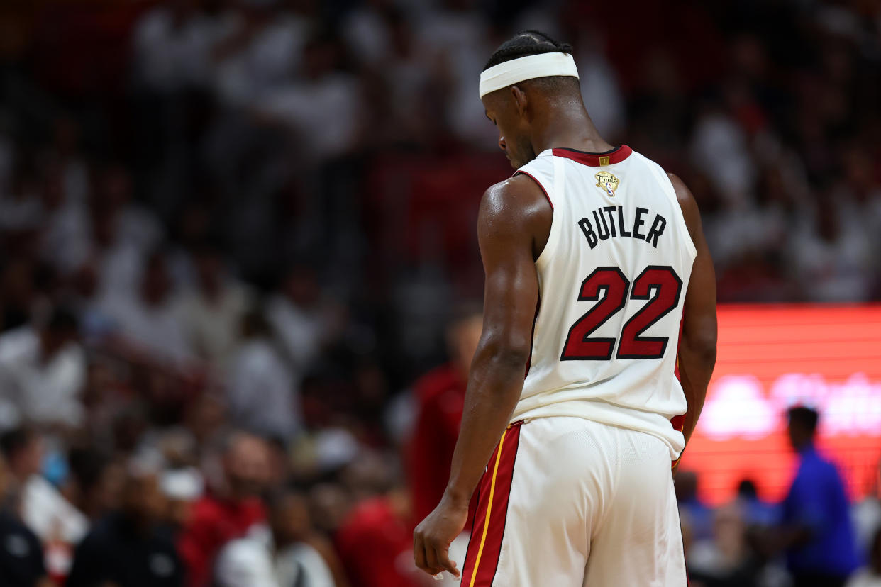 Jimmy Butler and the Miami Heat now must find a new plan after Damian Lillard was traded to the Milwaukee Bucks. (Photo by Mike Ehrmann/Getty Images)