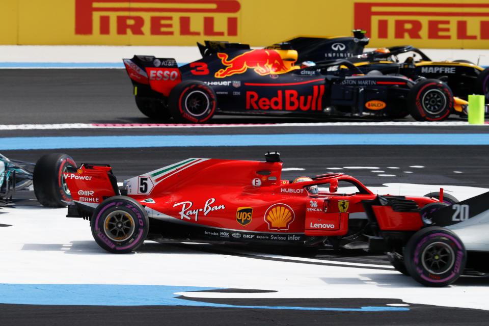 Which way’s the race? Sebastian Vettel crosses the run-off area after causing first-corner chaos at the Circuit Paul Ricard