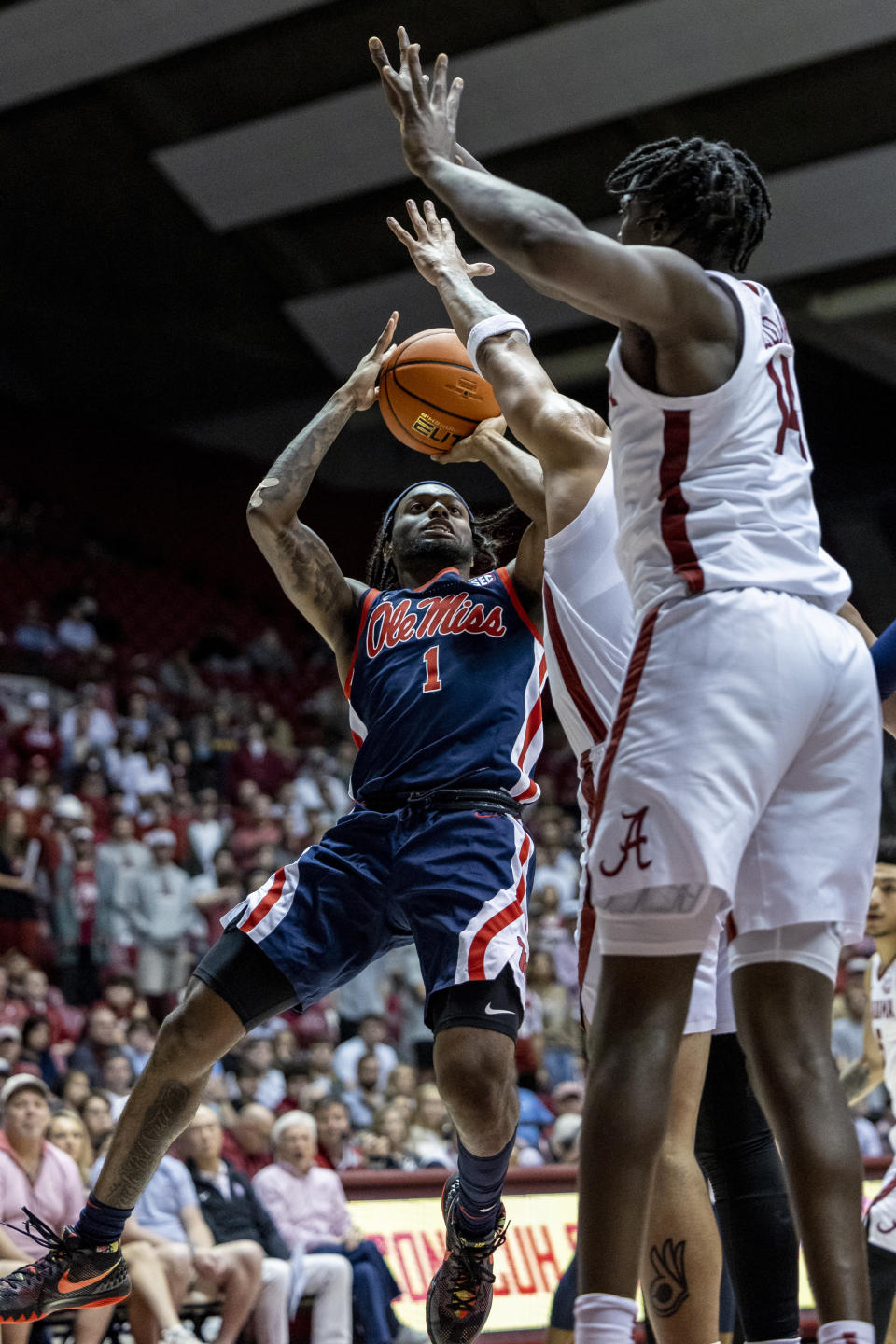 Mississippi guard Amaree Abram (1) shoots against Alabama during the first half of an NCAA college basketball game, Tuesday, Jan. 3, 2023, in Tuscaloosa, Ala. (AP Photo/Vasha Hunt)