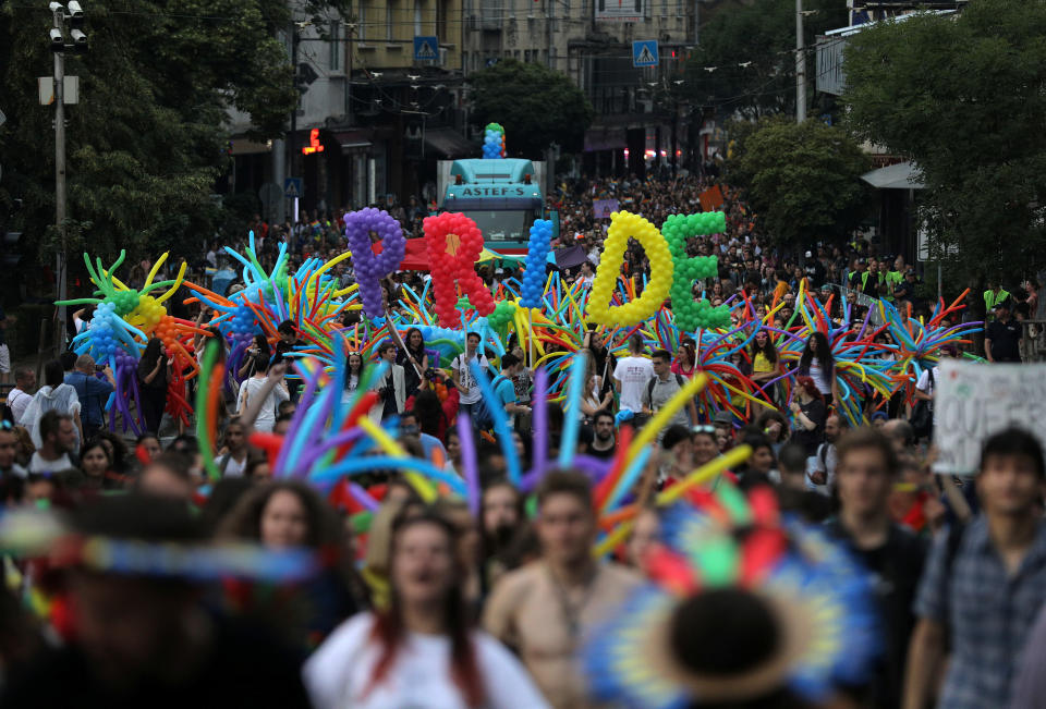 <p>Revellers take part in the annual Sofia Pride parade in Sofia, Bulgaria, June 9, 2018. (Photo: Stoyan Nenov/Reuters) </p>