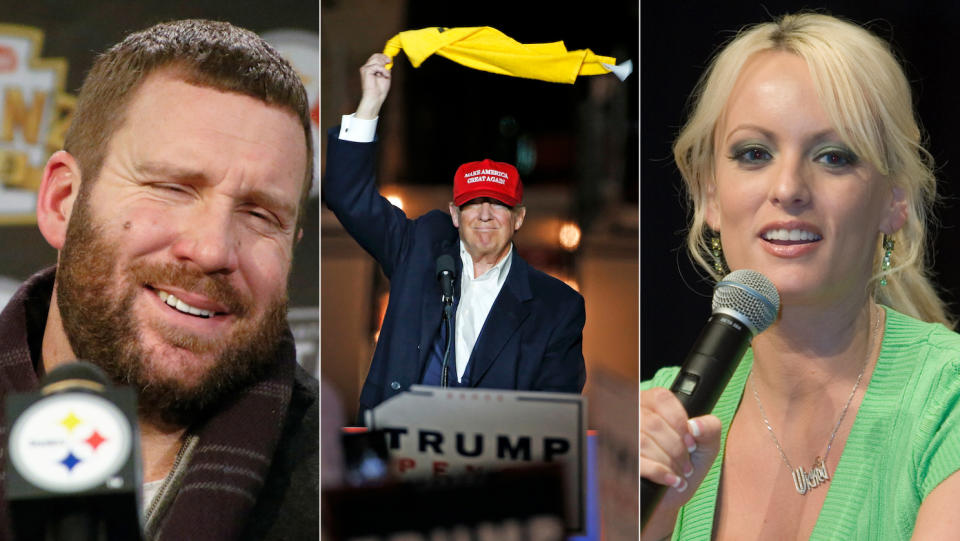 Ben Roethlisberger (left), Donald Trump and Stormy Daniels (right) reportedly met at a charity golf tournament. (AP)