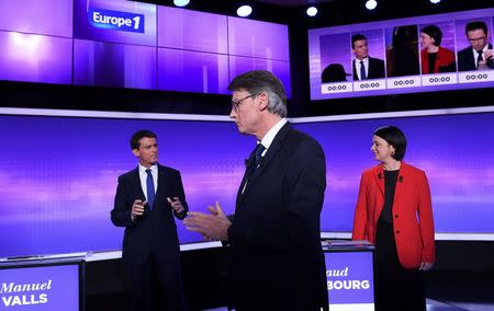 French politicians (LtoR) Manuel Valls, Vincent Peillon and Sylvia Pinel attend the final prime-time televised debate for the French left's presidential primaries in Paris, France, January 19, 2017. REUTERS/Eric Feferberg/Pool